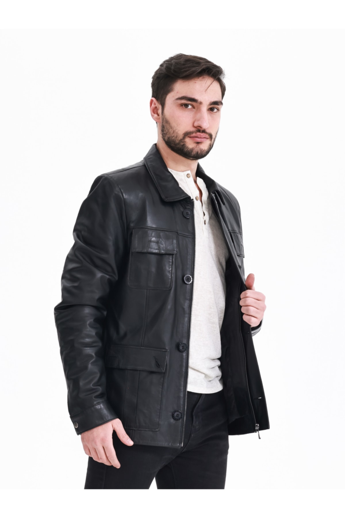 ژاکت مردانه مشکی YÜCE DERİ | SAFARİ02 اورجینال - تصویر 4