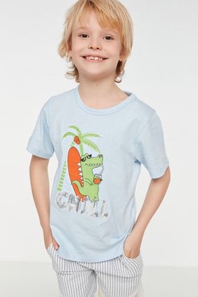 Mavi Payetli Erkek Çocuk Örme T-Shirt TKDSS22TS1172