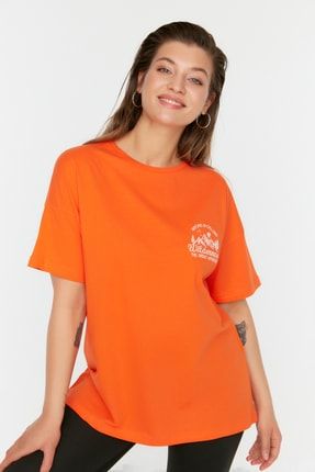 Turuncu Baskılı Örme T-Shirt TBBSS22TS1871