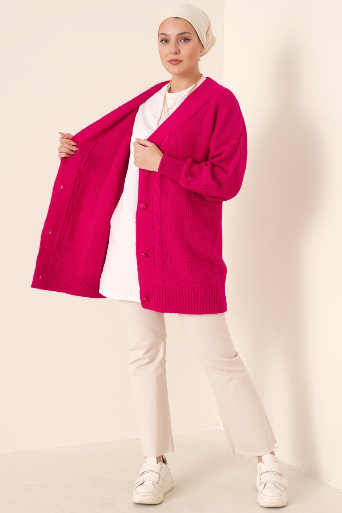 Bigdart-15768 Dunkelrosafarbener Hijab-Strickpullover mit Strickmuster und Knöpfen 4