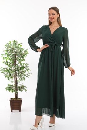 Yeşil Kruvaze Yaka Kuşaklı Büyük Beden Şifon Elbise ZKS-0040