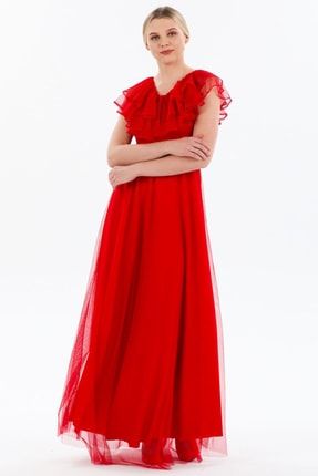 Volan Detay Kırmızı V Yaka Şifon Elbise ZKS-0024