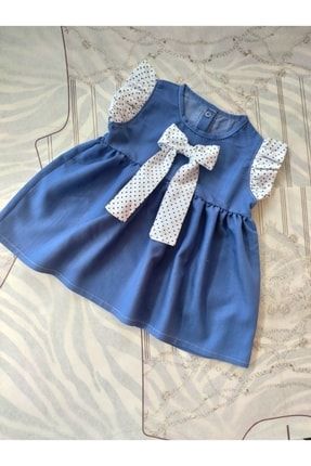 Pamuklu Kot Kumaş Kız Bebek Fırfır Kol Kurdela Detaylı Elbise mtl198789