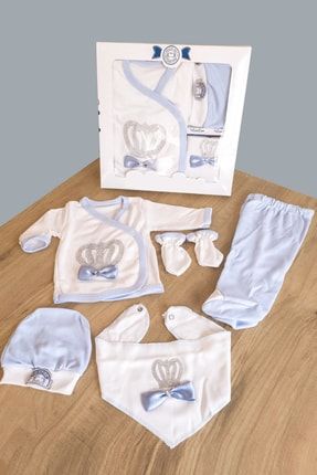 Erkek Bebek Hastane Çıkışı 5 Parça Yeni Doğan Bebek Kıyafeti Mavi Doğal Pamuklu Bebek Giyim Seti 869153