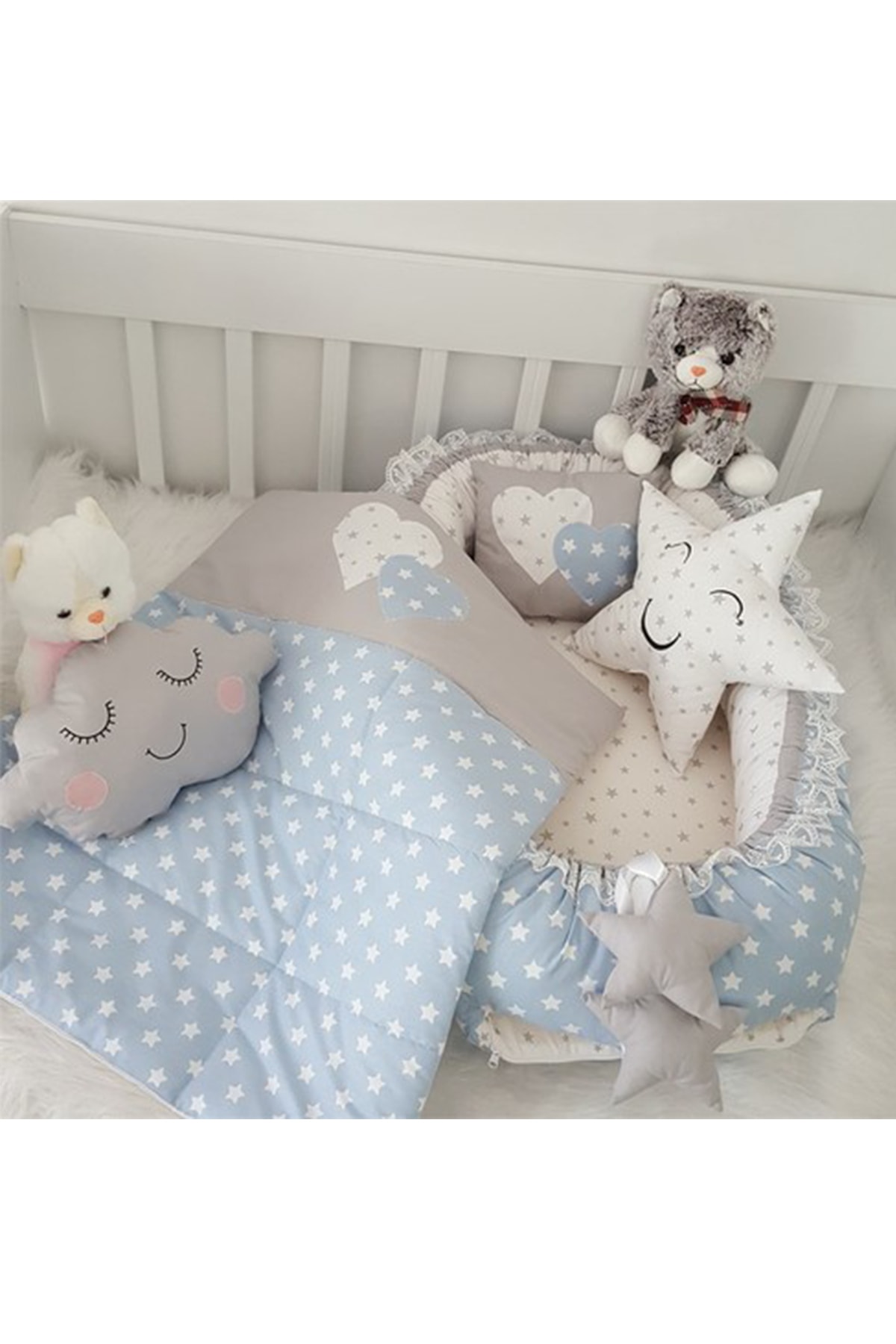 Jaju Baby Nest Mavi Yıldız Gri Kombin 5 Parça Lüx Jaju-babynest Anne Yanı Bebek Yatağı Set