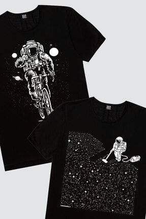 Erkek Siyah Bisikletli Astronot, Siyah Süpürgeli Astrontot 2'li Eko Paket T-shirt 1M1BM801AS