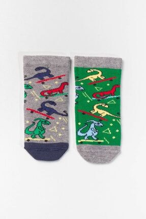 Bebek Gri Lacivert Renkli Dinazor Desenli Çorabı 2 li Paket 2200101018-373