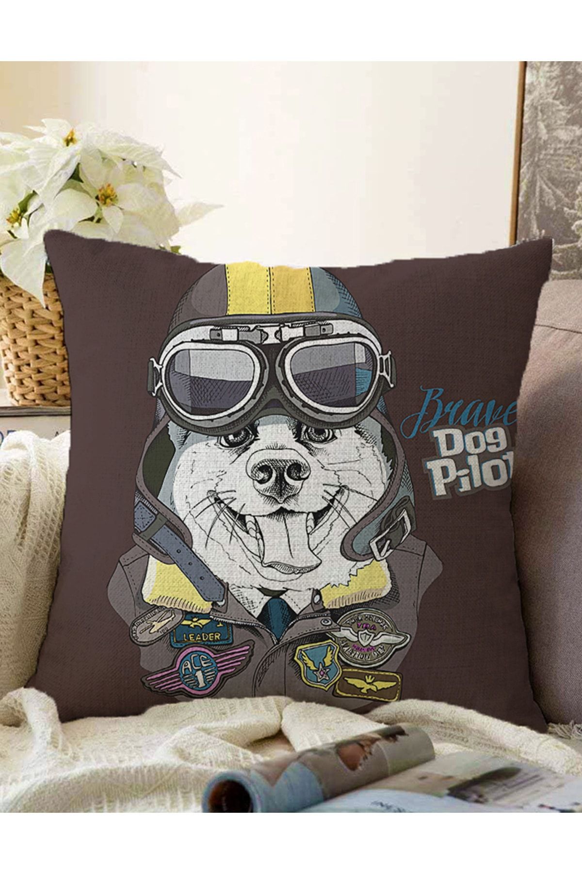 Realhomes Brave Dog Pilot Motiv Imprimat Digital Modern, Cu Două Fețe, Tricotat Raschel, Husă De Pernă - 43 x 43