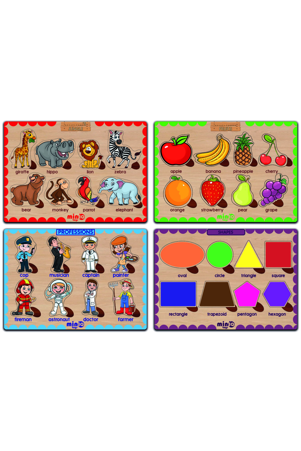 minİQ toys Ahşap Ingilizce Şekiller-meyveler-meslekler-orman Hayvanları 4’lü Set Eğitici-öğretici Yapboz fotoğrafı 2 (önizleme)