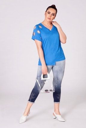 Kadın Mavi Büyük Beden Beli Lastikli Likralı Kot Pantalon P-0055