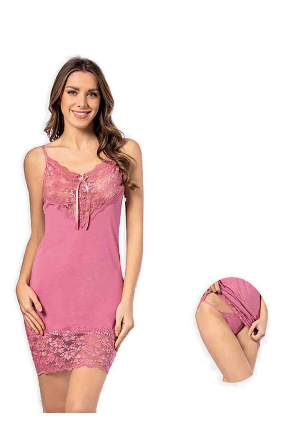 KOTA Kadın Pembe Dantelli Gecelik Takımı