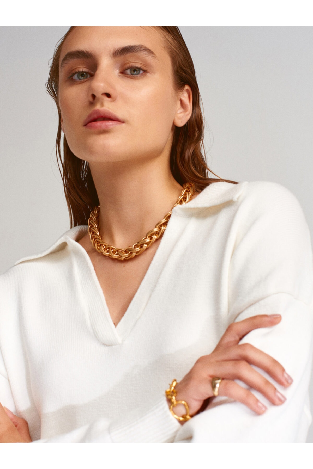 Genel Markalar  Kadın Ekru Polo Yaka Salaş Triko Kazak - Görsel 3