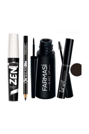 Zen Maskara + Kalın Uçlu Eyeliner + Siyah Göz Kalemi + Koyu Kahve Kaş Maskarası Makyaj Seti livanset