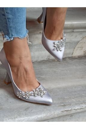 Kadın Gümüş Saten Taşlı 11 cm Abiye Ayakkabı DS-BOSS2