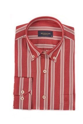 Kırmızı Çizgili Klasik Kalıp Düğmeli Yaka Cepli Erkek Gömlek 320040 10003