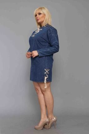 Kadın Lacivert Yaka ve Kol Bağcıklı Kot Elbise ND21K07900