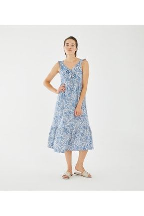 Kruvaze Yaka, Volan Detaylı, Midi Elbise - Mavi E00136
