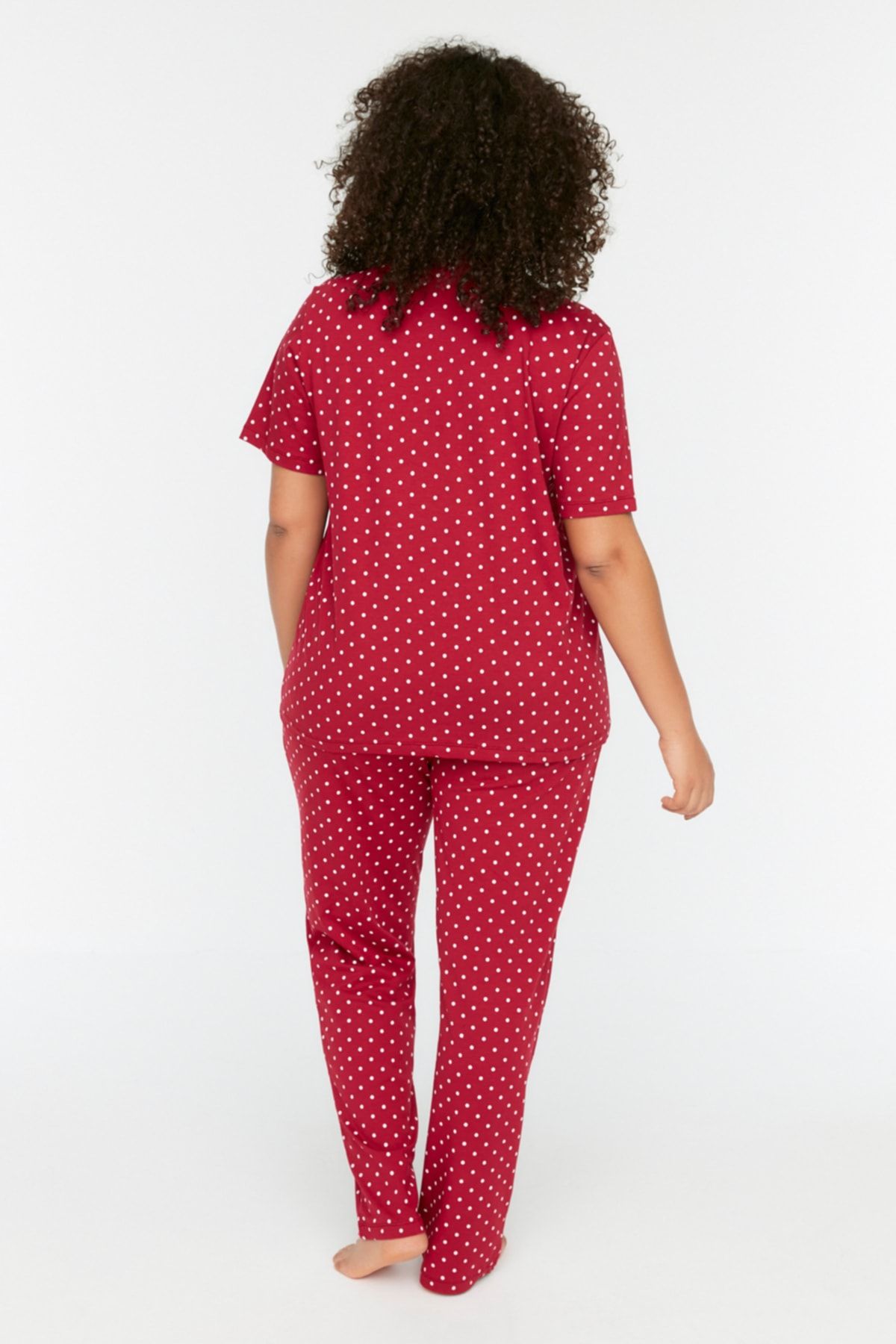Trendyol Curve-Burgundy Polka Dot Print Shirt Collar Knitted Pajamas Set Tbbss22Pt0710 5