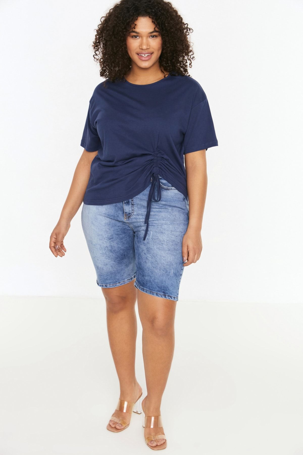 Trendyol Curve-Indigoblaues Strick-T-Shirt – 100 % Baumwolle, Kordelzugdetail TBBSS22TS2293 3