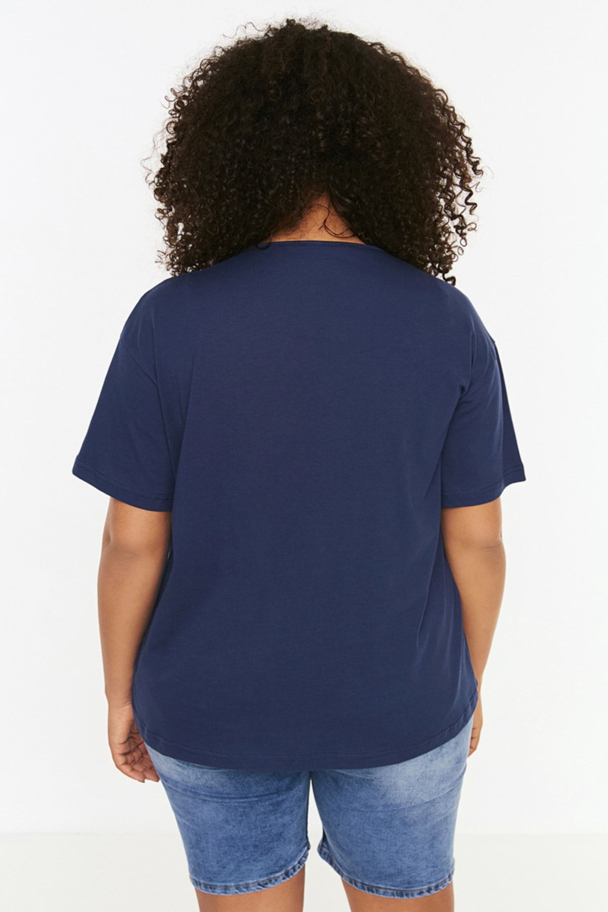 Trendyol Curve-Indigoblaues Strick-T-Shirt – 100 % Baumwolle, Kordelzugdetail TBBSS22TS2293 5