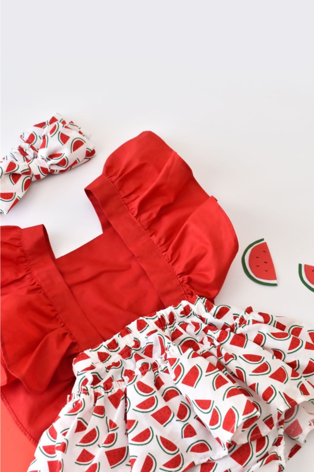 Little Ya Ya Love Kız Bebek Karpuz Desen Poplin Fırfır Salopet Bandana Set fotoğrafı 4 (önizleme)