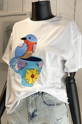 Kadın Beyaz Kuş Nakış Işlemeli Pamuk T-shirt kvr8er