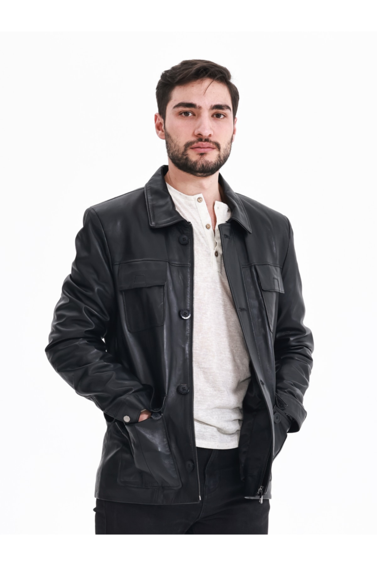 ژاکت مردانه مشکی YÜCE DERİ | SAFARİ02 اورجینال - تصویر 3
