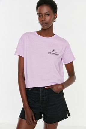 Lila Baskılı Basic Örme T-Shirt TWOSS22TS2160