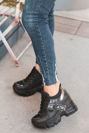 Anton Mat Deri Bağcık Detay Yüksek Taban Kadın Spor Ayakkabı Siyah