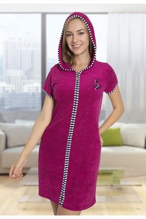 Kapüşonlu Fermuarlı Kısa Kollu Mor Renk Bayan Havlu Elbise TYC00219323699