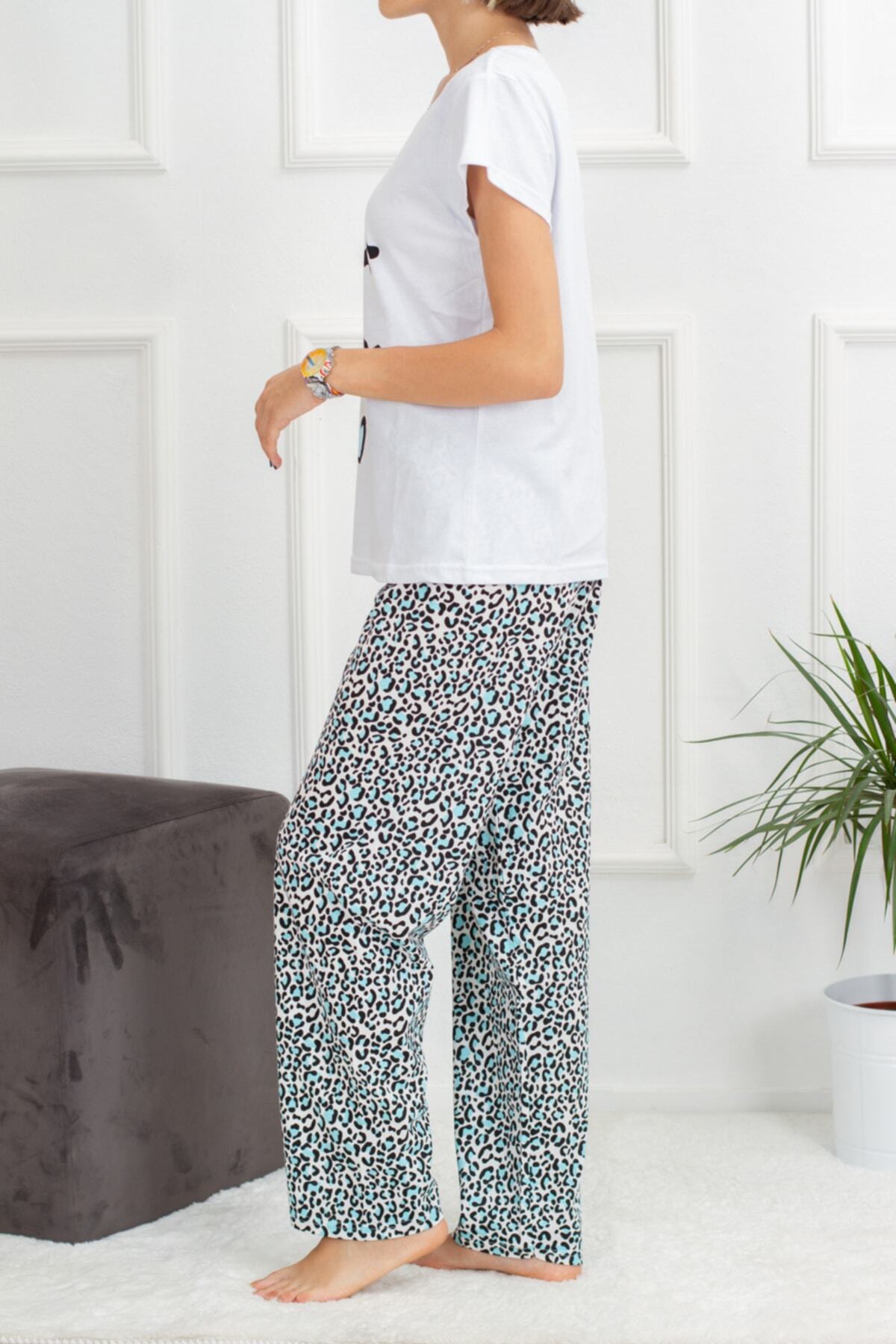 Yabgu-Women's White Blue Leopard Patterned Cotton Short Sleeve Pajama Set 2