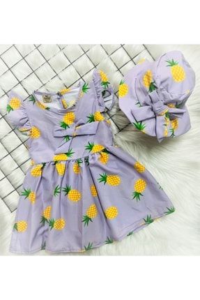 Kız Çocuk Ananas Baskılı Şapkalı Elbise ananas elbise-44