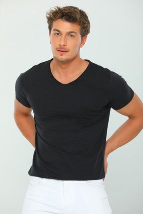 Siyah Erkek Likralı V Yaka Cepli Slim Fit Basic Body T-shirt P-036210