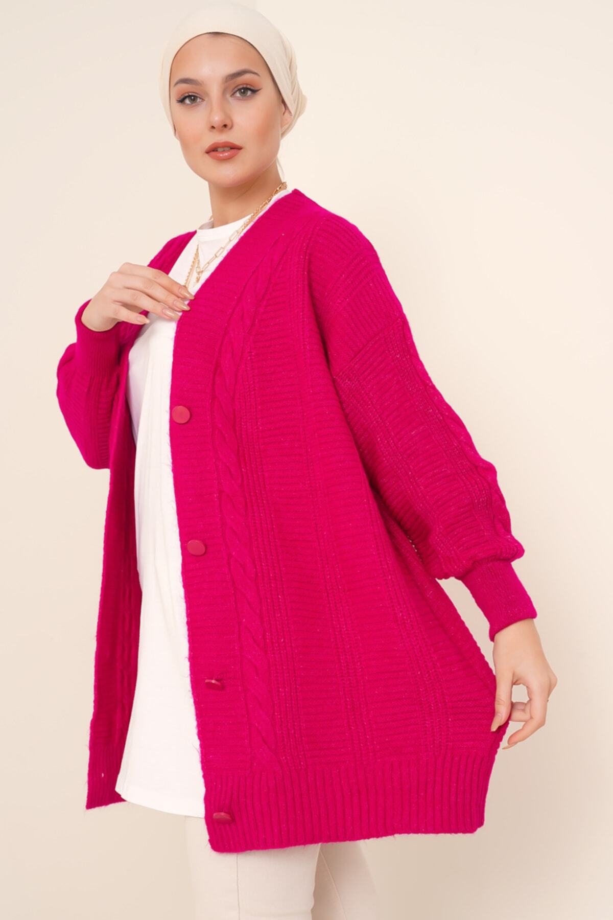 Bigdart-15768 Dunkelrosafarbener Hijab-Strickpullover mit Strickmuster und Knöpfen 3