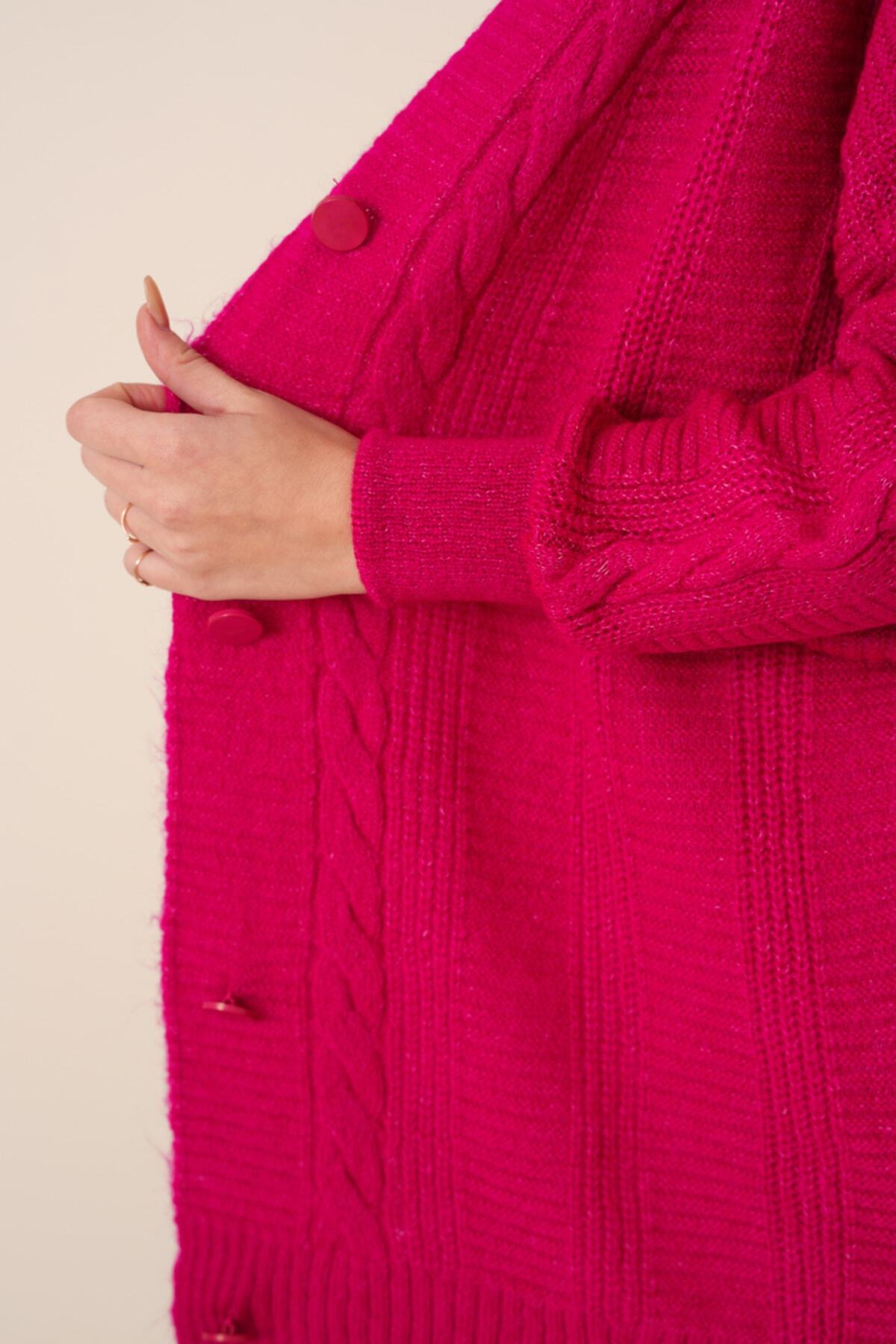 Bigdart-15768 Dunkelrosafarbener Hijab-Strickpullover mit Strickmuster und Knöpfen 6