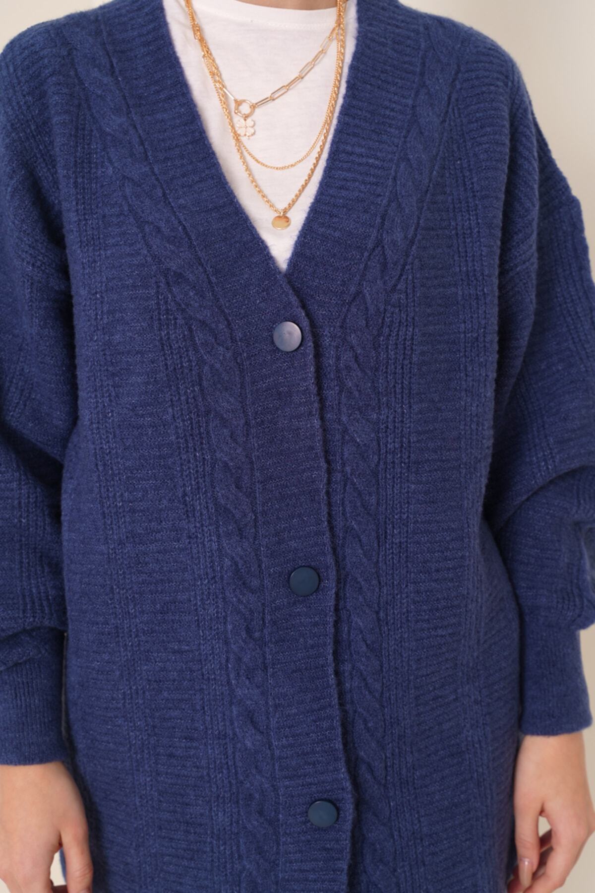 Bigdart-15768 Marineblauer Hijab-Strickpullover mit geknöpftem Haarstrickmuster 5