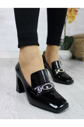 Hakiki Rugan Deri Küt Burun Kısa Kalın Topuklu Kadın Ayakkabı siyah FNB-01-0127