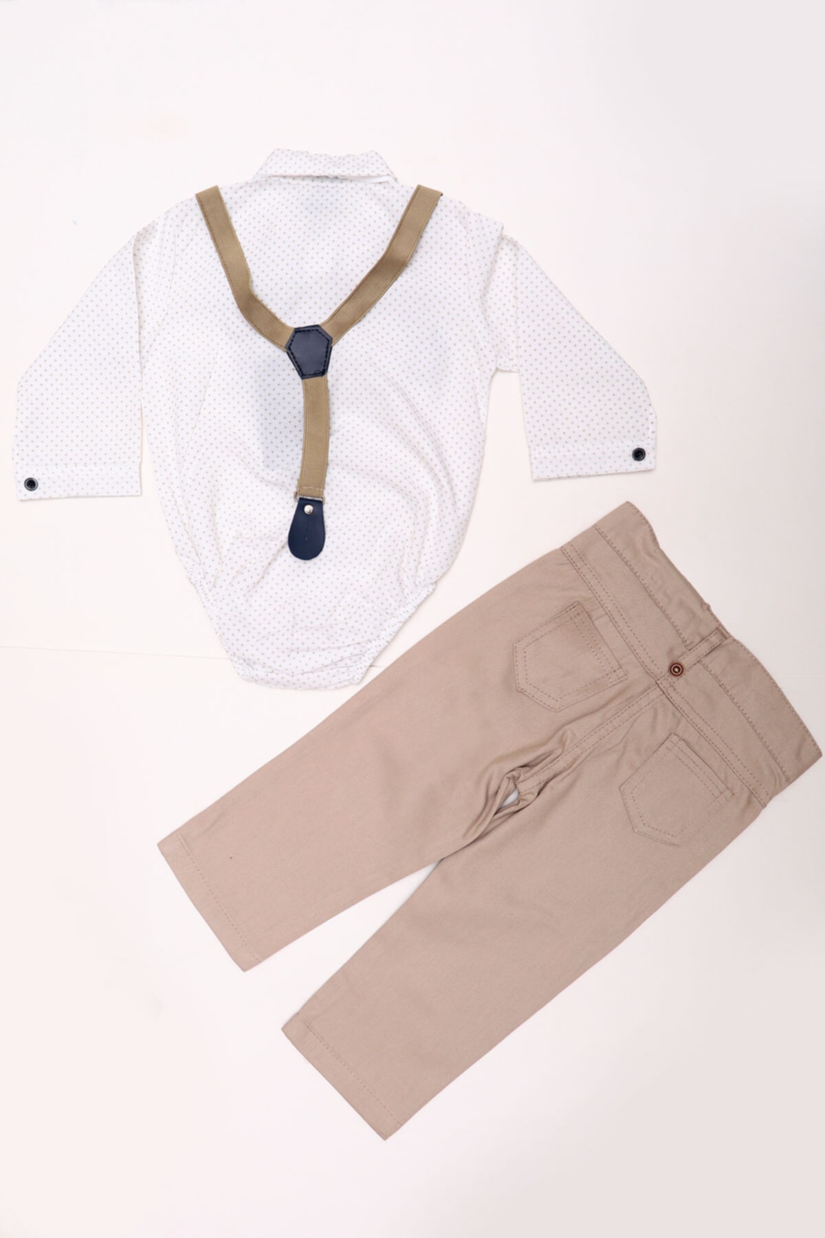 Mika Bebek & Çocuk Dar Kalıp Bej Pantolon Gömlek Papyon Erkek Bebek Salopet Takım fotoğrafı 5 (önizleme)