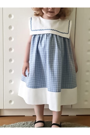 Gizli Bahçe Mavi-beyaz Kare Yaka Ekose Vintage Elbise CK401001