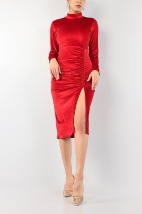 Büzgülü Yırtmaç Detaylı Uzun Kollu Kırmızı Kadife Abiye Elbise Kırmızı Yılbaşı Elbisesi 016 4S1B-DKS-016