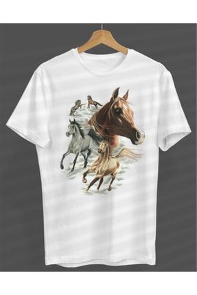 Atlar Unisex Kadın-erkek Beyaz Yuvarlak Yaka Pamuk Kumaş T-shirt S333580480620İYAHNVM