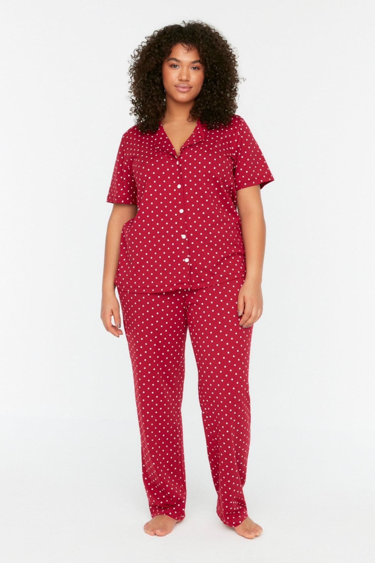 Trendyol Curve-Burgundy Polka Dot Print Shirt Collar Knitted Pajamas Set Tbbss22Pt0710 3