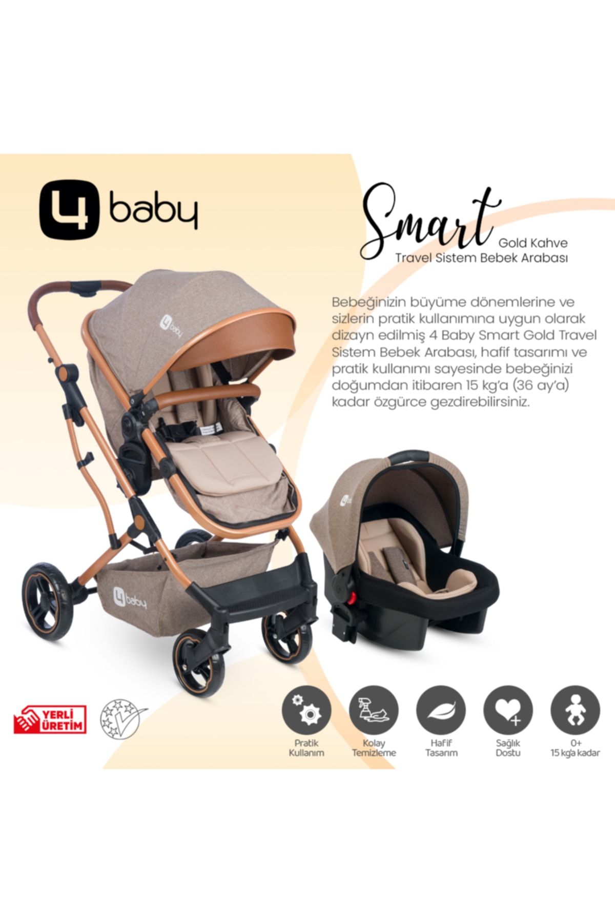 4 Baby Smart Gold Travel Sistem Bebek Arabası Kahve SN8594