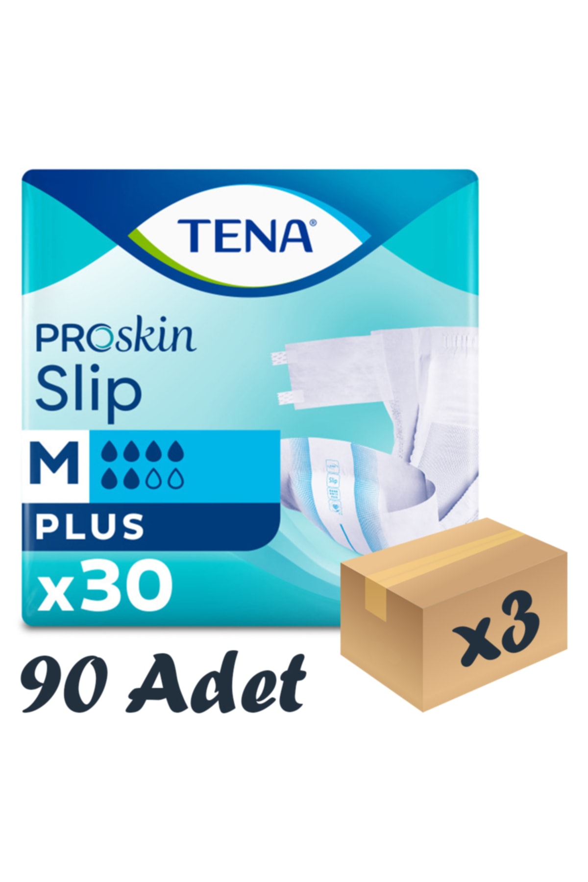 TENA Proskin Slip Plus Belbantlı Hasta Bezi, Orta Boy (m), 6 Damla, 30'lu 3 Paket 90 Adet