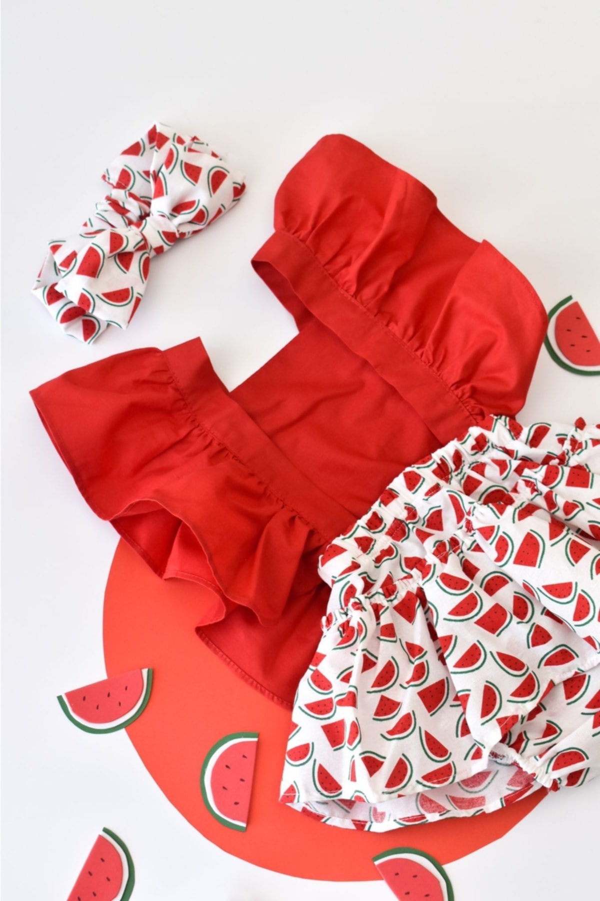 Little Ya Ya Love Kız Bebek Karpuz Desen Poplin Fırfır Salopet Bandana Set fotoğrafı 2 (önizleme)