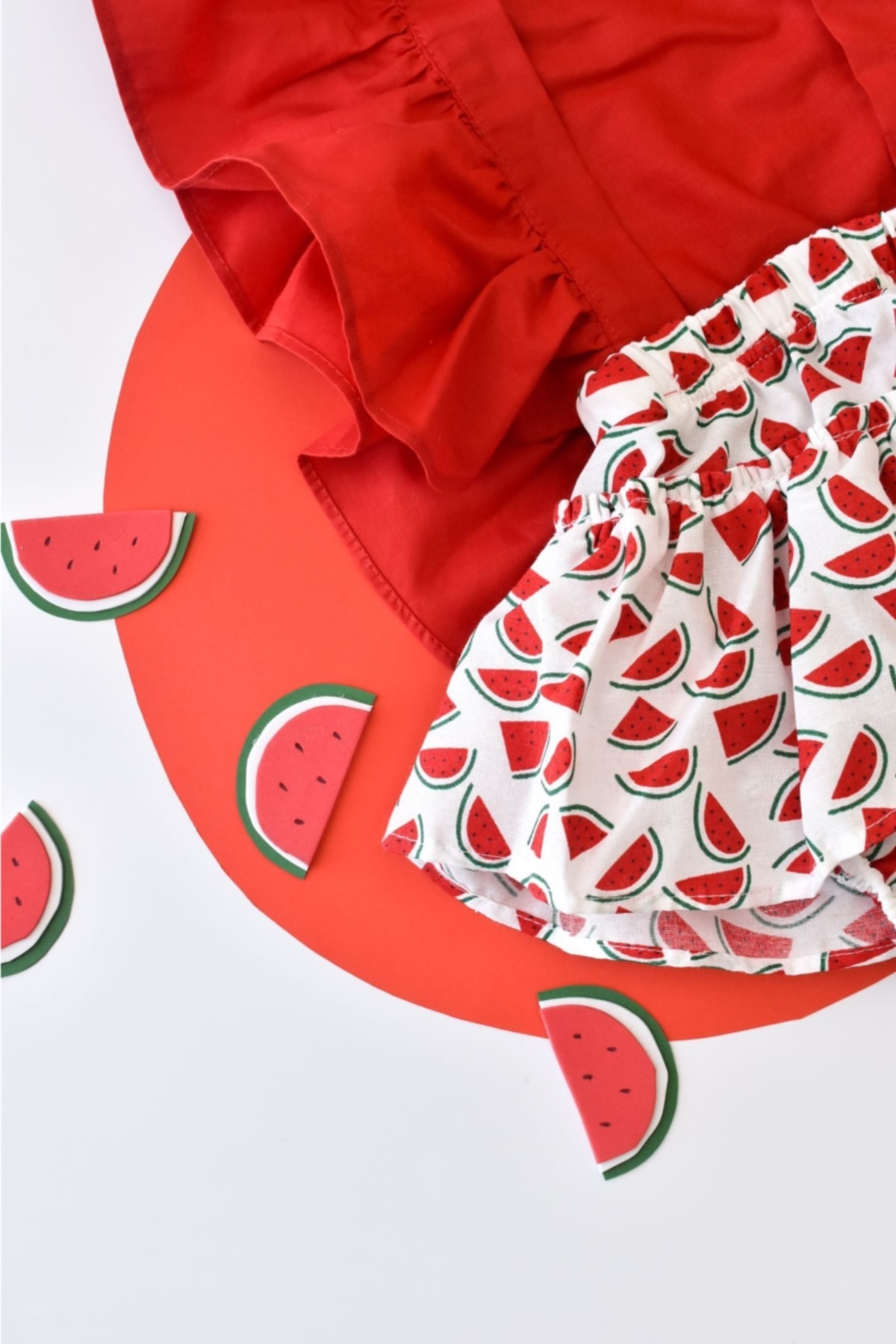 Little Ya Ya Love Kız Bebek Karpuz Desen Poplin Fırfır Salopet Bandana Set fotoğrafı 3 (önizleme)
