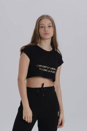 Siyah Kadın Parlak Baskı Detay Crop T-shirt 112111