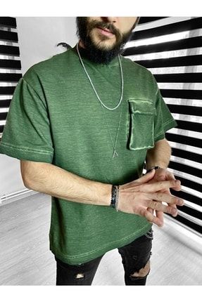 Torba Cep Detaylı Yeşil Eskitme Kumaş Oversize T-shirt 10258