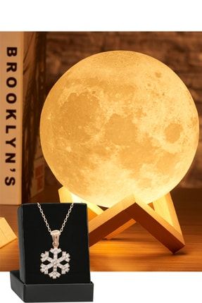 3d Ahşap Standlı Büyük Boy Ay Gece Lambası Dekoratif Küre Led Ve Kar Tanesi Kolye AKTAL4242
