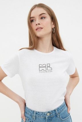 Beyaz Baskılı Basic Örme T-Shirt TWOSS22TS1468
